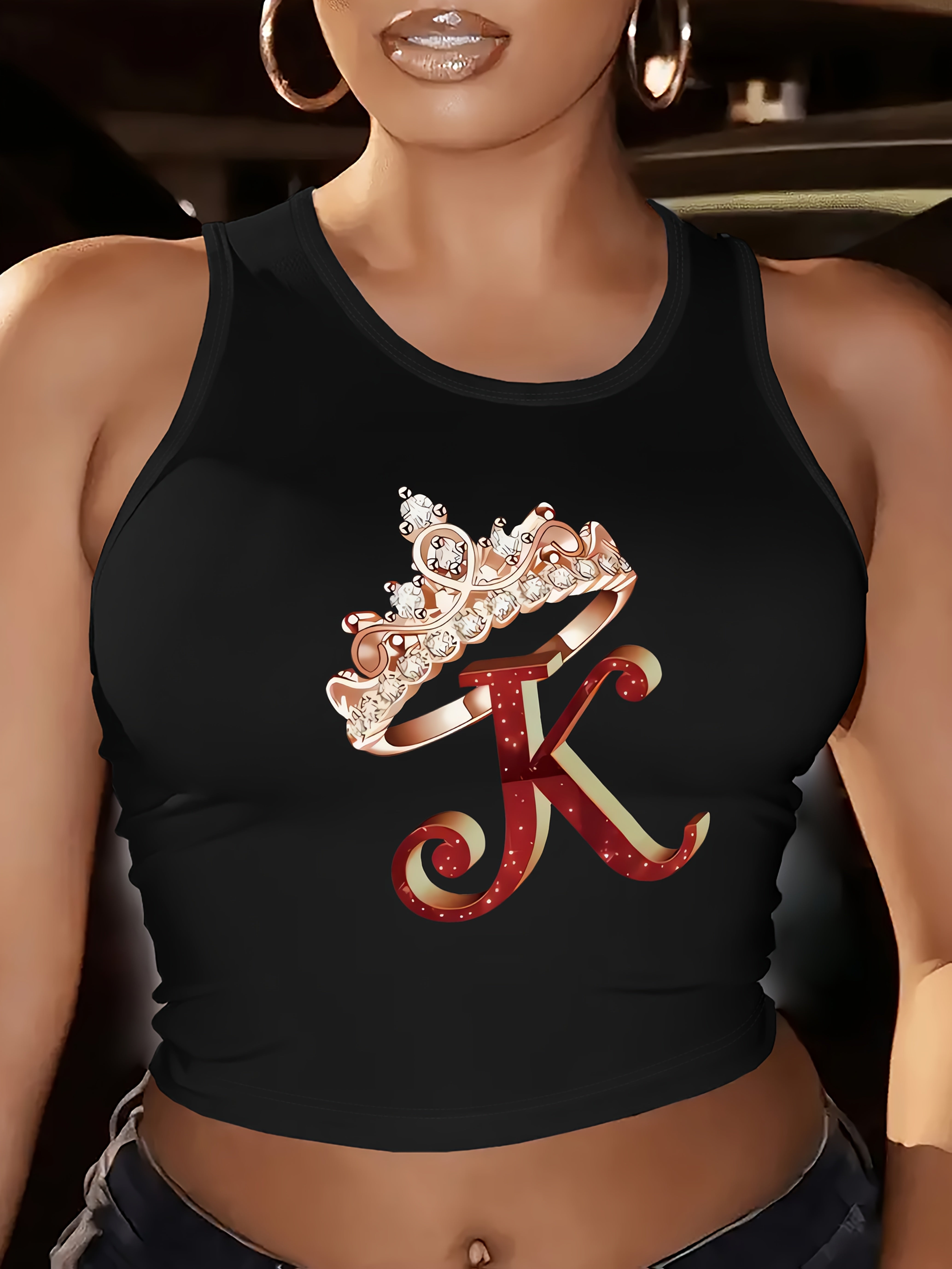 Chic Maroon Sleeveless Tank Top for Women with Crown & "K" Design - Casual Crew Neck, Breathable Polyester Blend, Perfect for Spring/Summer